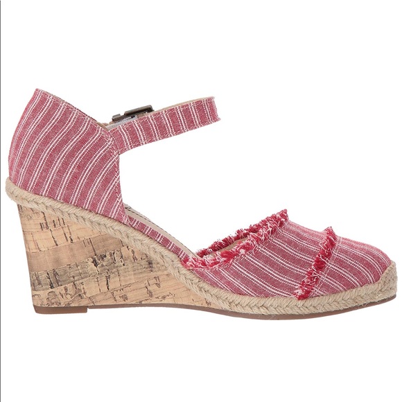 NIB Red/White Linen Striped Cork Wedge Sandals - Picture 4 of 7